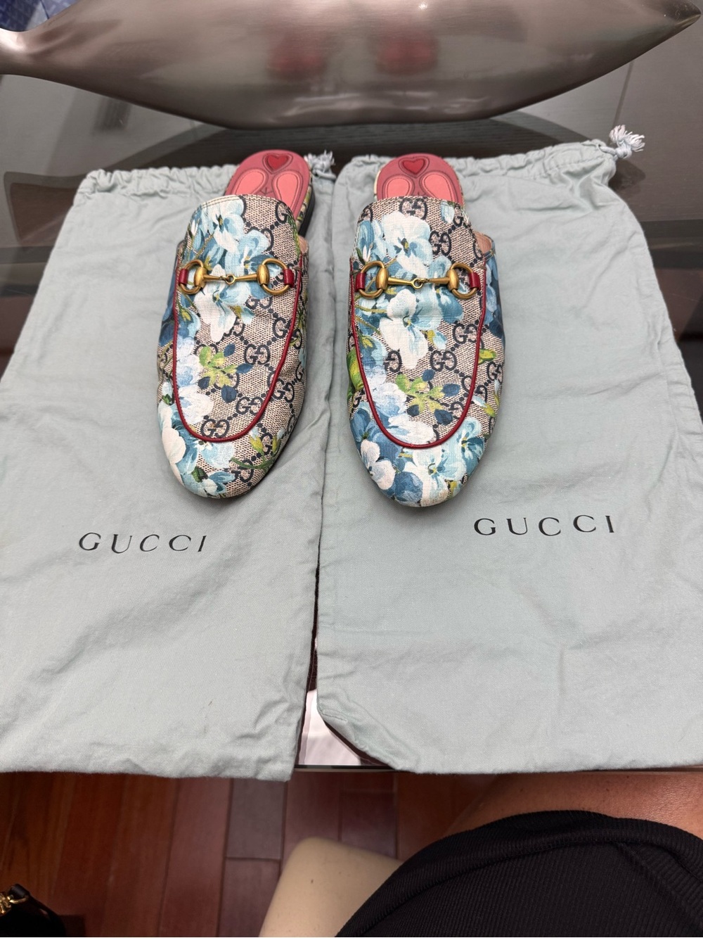 Gucci Floral GG Canvas Backless Horsebit Mules in Blue, Pink & Green